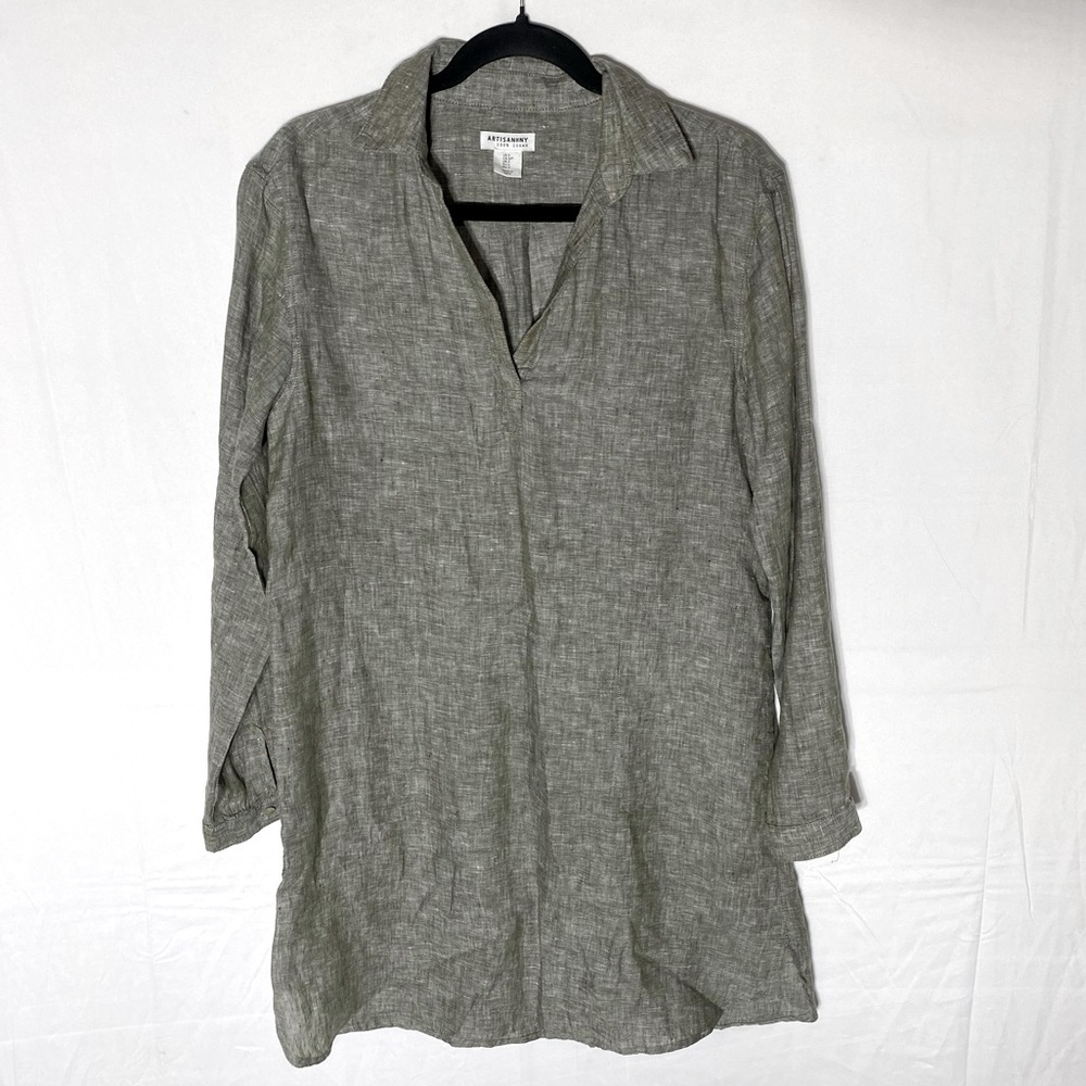 Artisan NY Green Linen V Neck Long Sleeve Shift Dress S